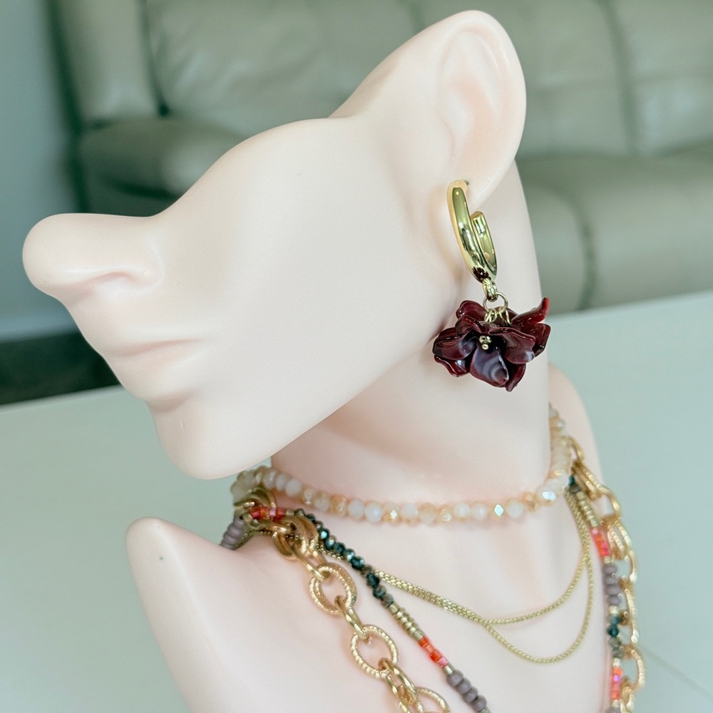 Trendy Gold Hoop Earrings with Burgundy Floral Charm